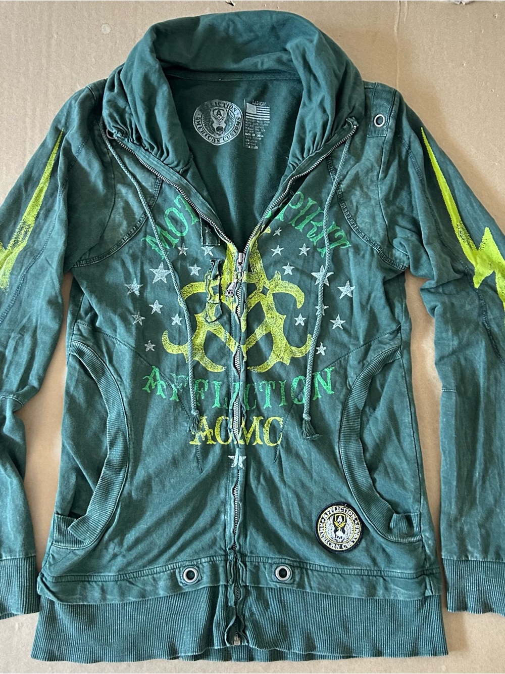 Affliction Gothic American Customs Motor Club Green Jacket Junior’s Large Skull